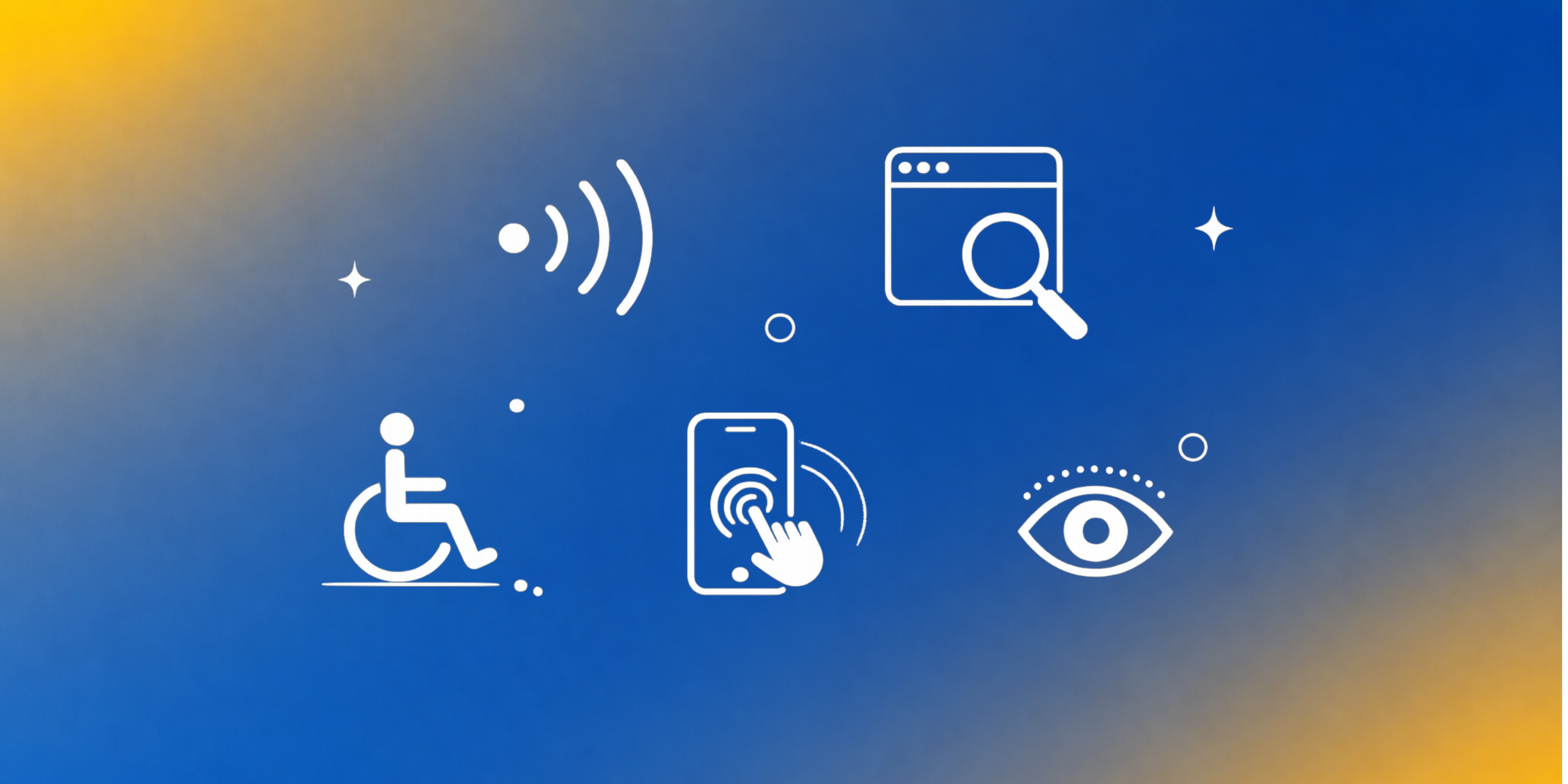 Blue gradient illustration with white accessibility icons, including a screen reader symbol, accessible website icon with a magnifying glass, wheelchair user, touchscreen interaction, and an eye representing visual accessibility.